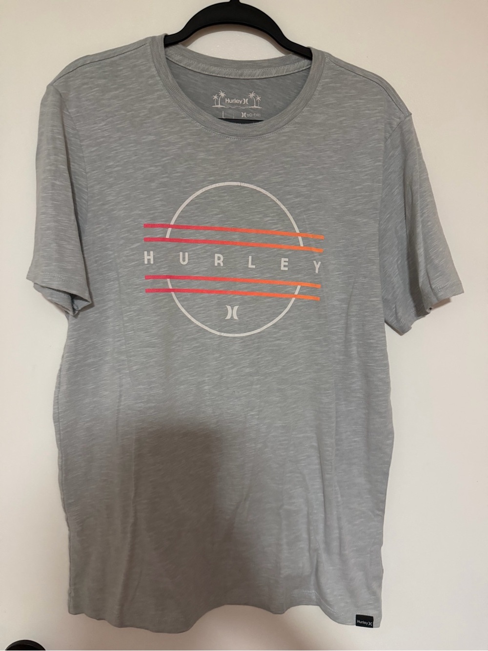 Hurley Light Gray Short-Sleeve Tee with Pink and Orange Stripe Graphic